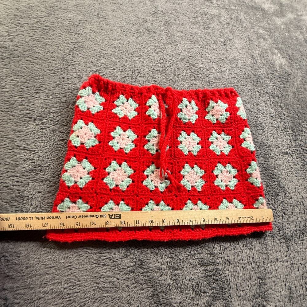 Crochet Knit Granny Square Mini Skirt Womens 24" Red Floral Drawstring Pull On - Picture 4 of 4